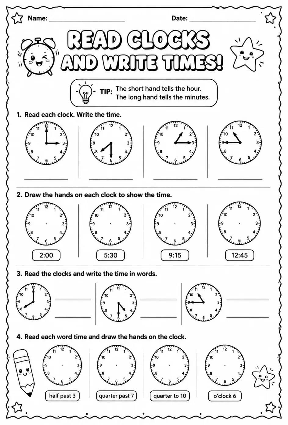 Read clocks and write times — free printable Grade 2 math worksheet