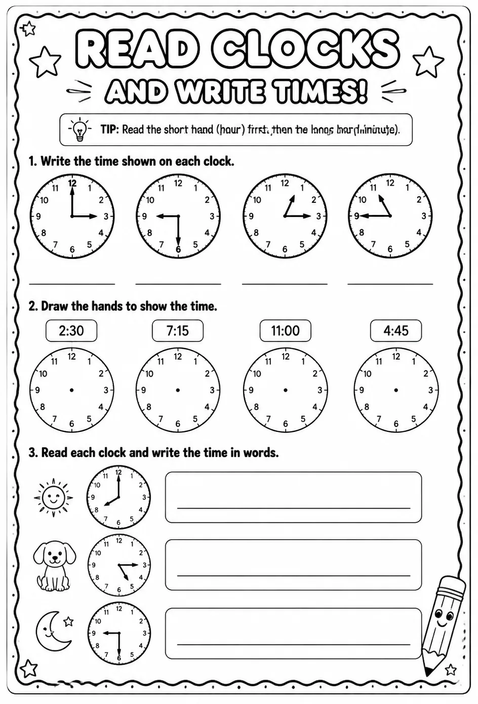 Read clocks and write times — free printable Grade 3 math worksheet