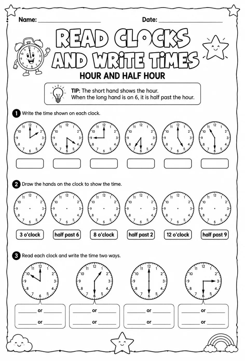 Read clocks and write times: hour and half hour — free printable Grade 2 math worksheet
