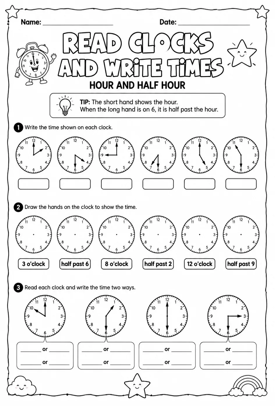Read clocks and write times: hour and half hour — free printable Grade 2 math worksheet