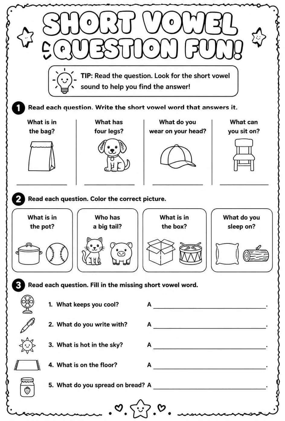 Read questions with short vowel words — free printable Reading foundations English worksheet