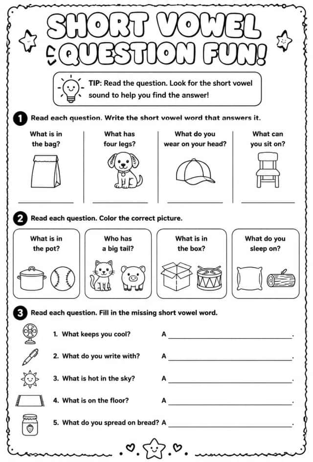 Read questions with short vowel words