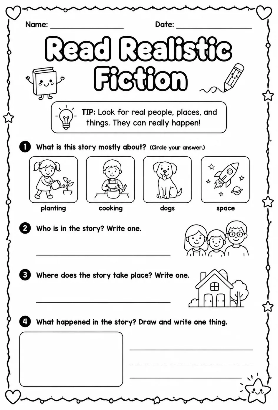 Read realistic fiction — free printable Kindergarten English & Reading worksheet