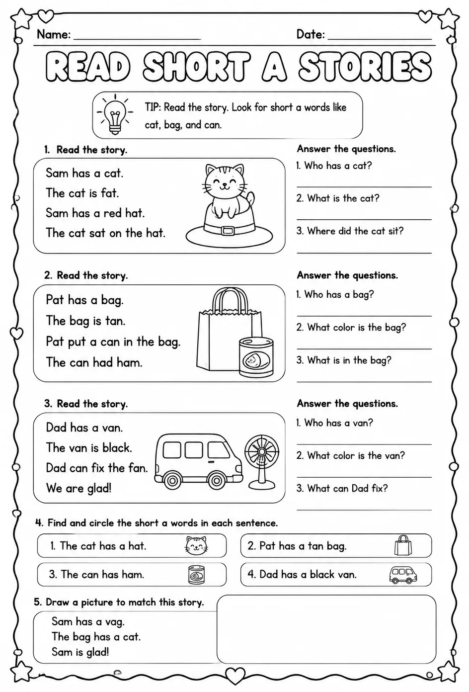 Read short a stories — free printable Kindergarten English & Reading worksheet