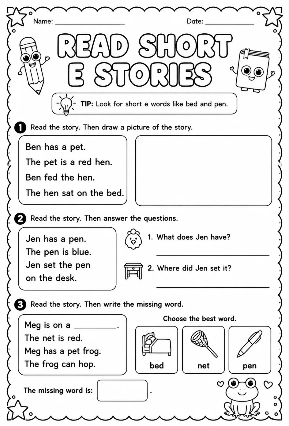 Read short e stories — free printable Kindergarten English & Reading worksheet