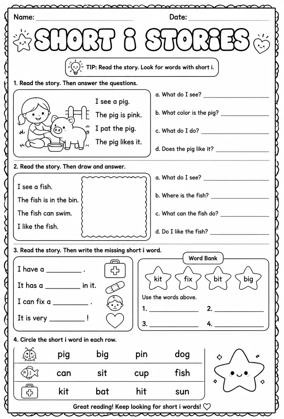 Read short i stories — free printable Kindergarten English & Reading worksheet