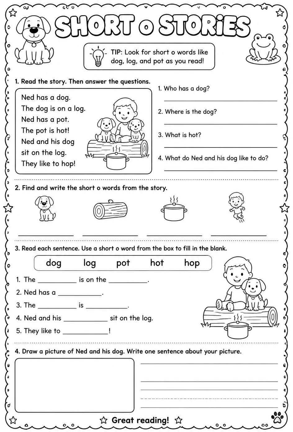 Read short o stories — free printable Kindergarten English & Reading worksheet