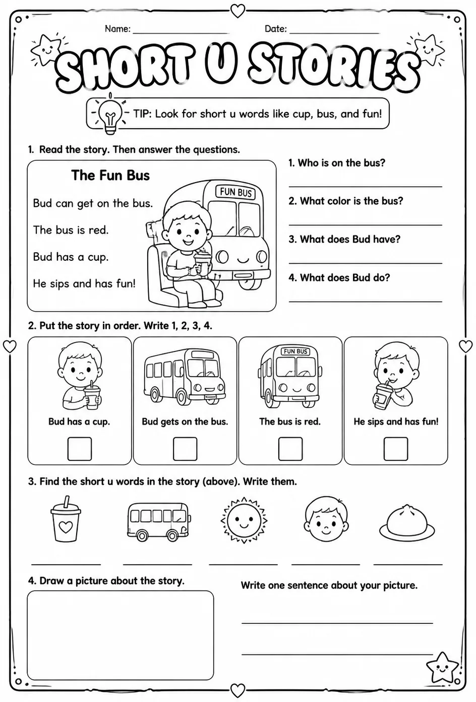 Read short u stories — free printable Kindergarten English & Reading worksheet
