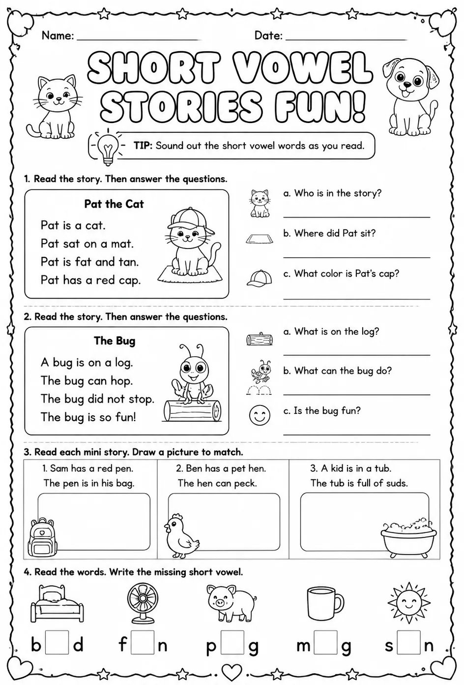 Read short vowel stories — free printable Kindergarten English & Reading worksheet