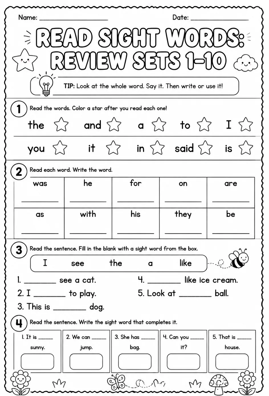 Read sight words: review sets 1–10 — free printable Kindergarten English & Reading worksheet