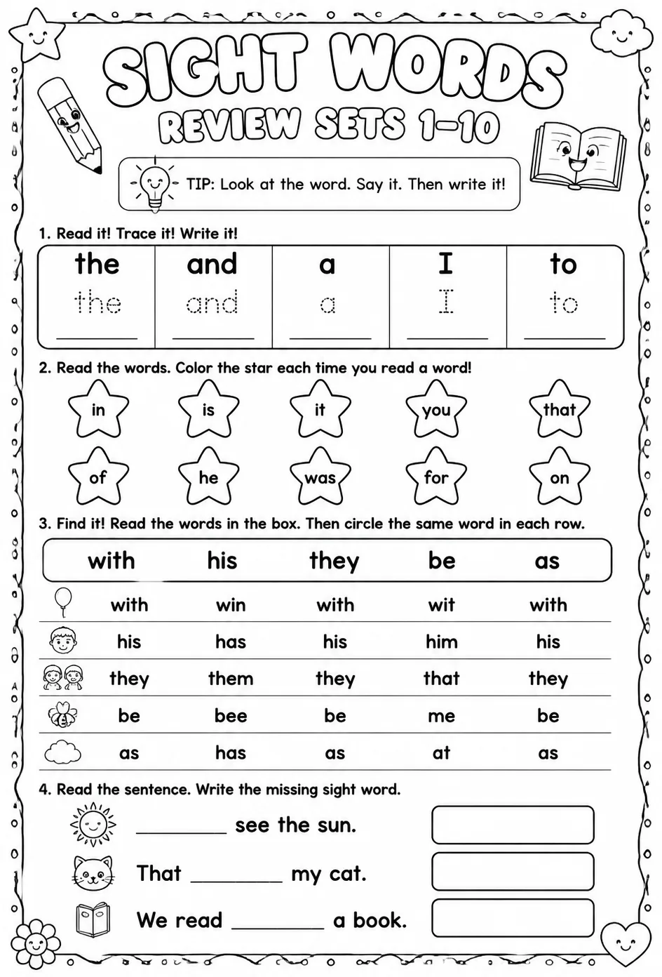 Read sight words: review sets 1–10 — free printable Pre-K English & Reading worksheet