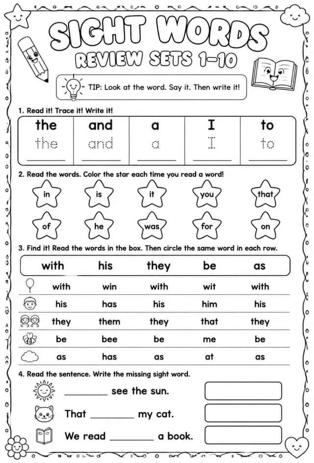 Read sight words: review sets 1–10