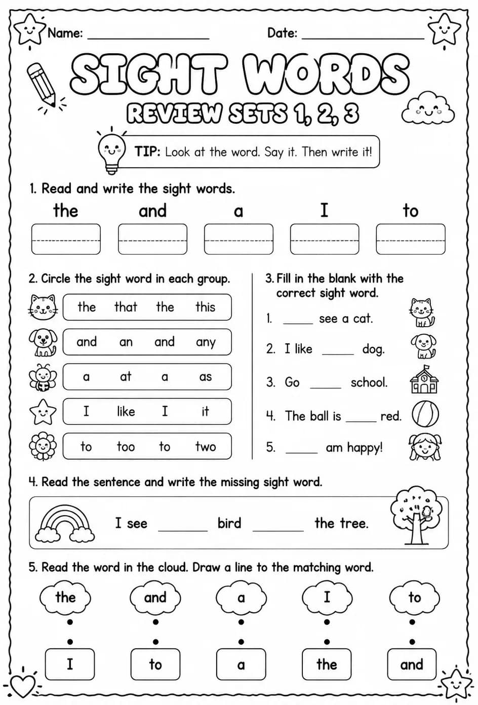 Read sight words: review sets 1, 2, 3 — free printable Reading foundations English worksheet