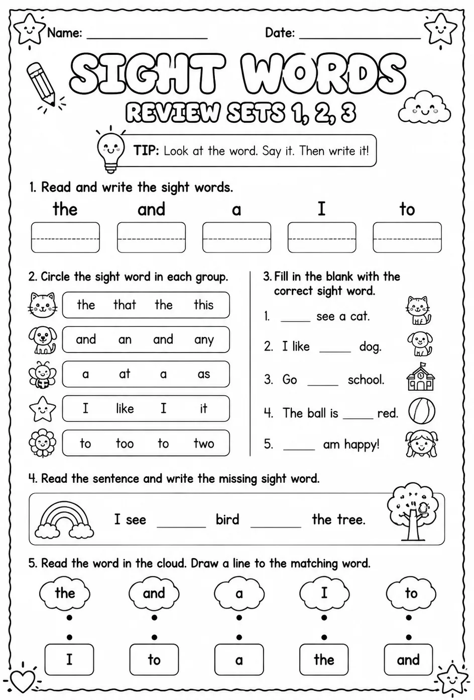 Read sight words: review sets 1, 2, 3 — free printable Reading foundations English worksheet