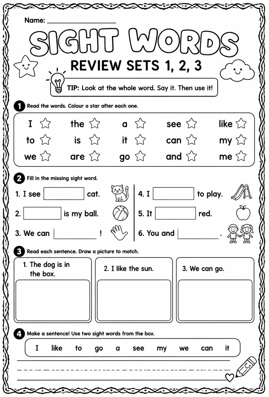 Read sight words: review sets 1, 2, 3 — free printable Pre-K English & Reading worksheet