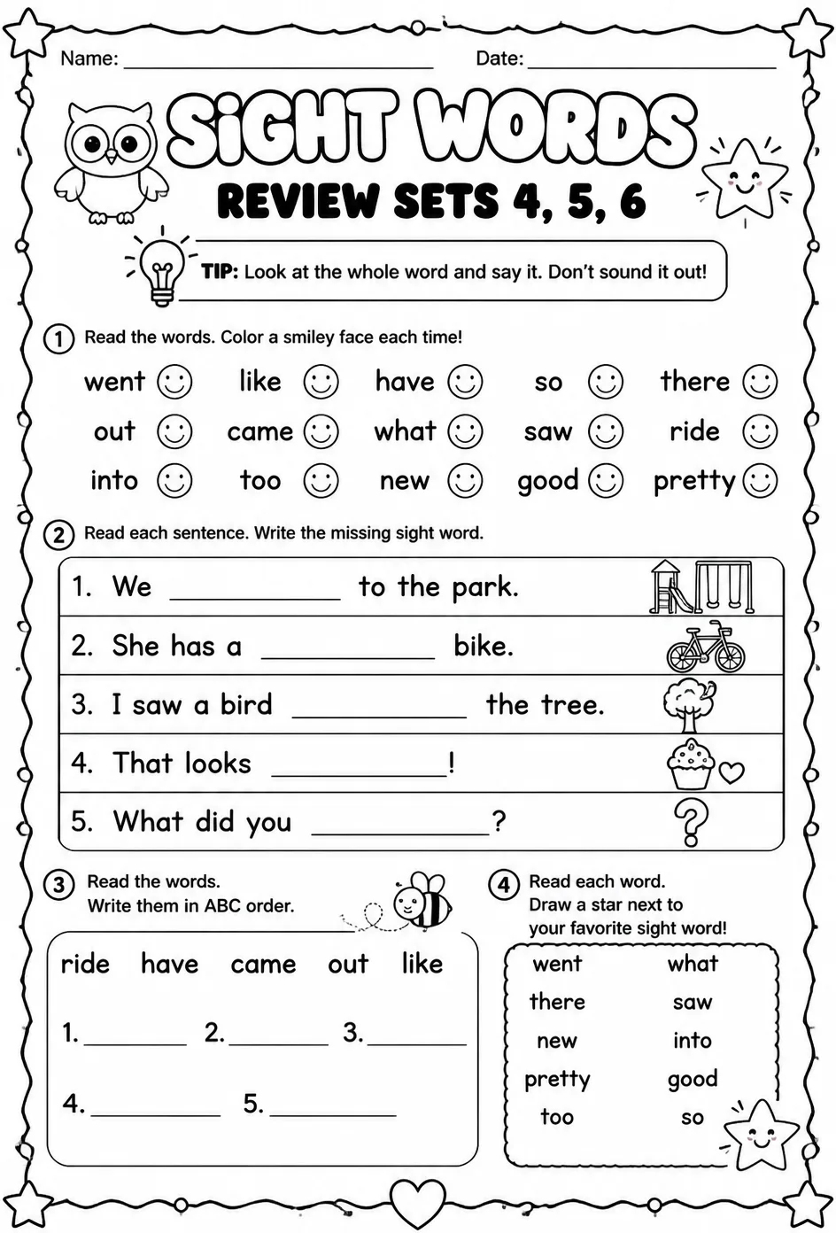 Read sight words: review sets 4, 5, 6 — free printable Kindergarten English & Reading worksheet