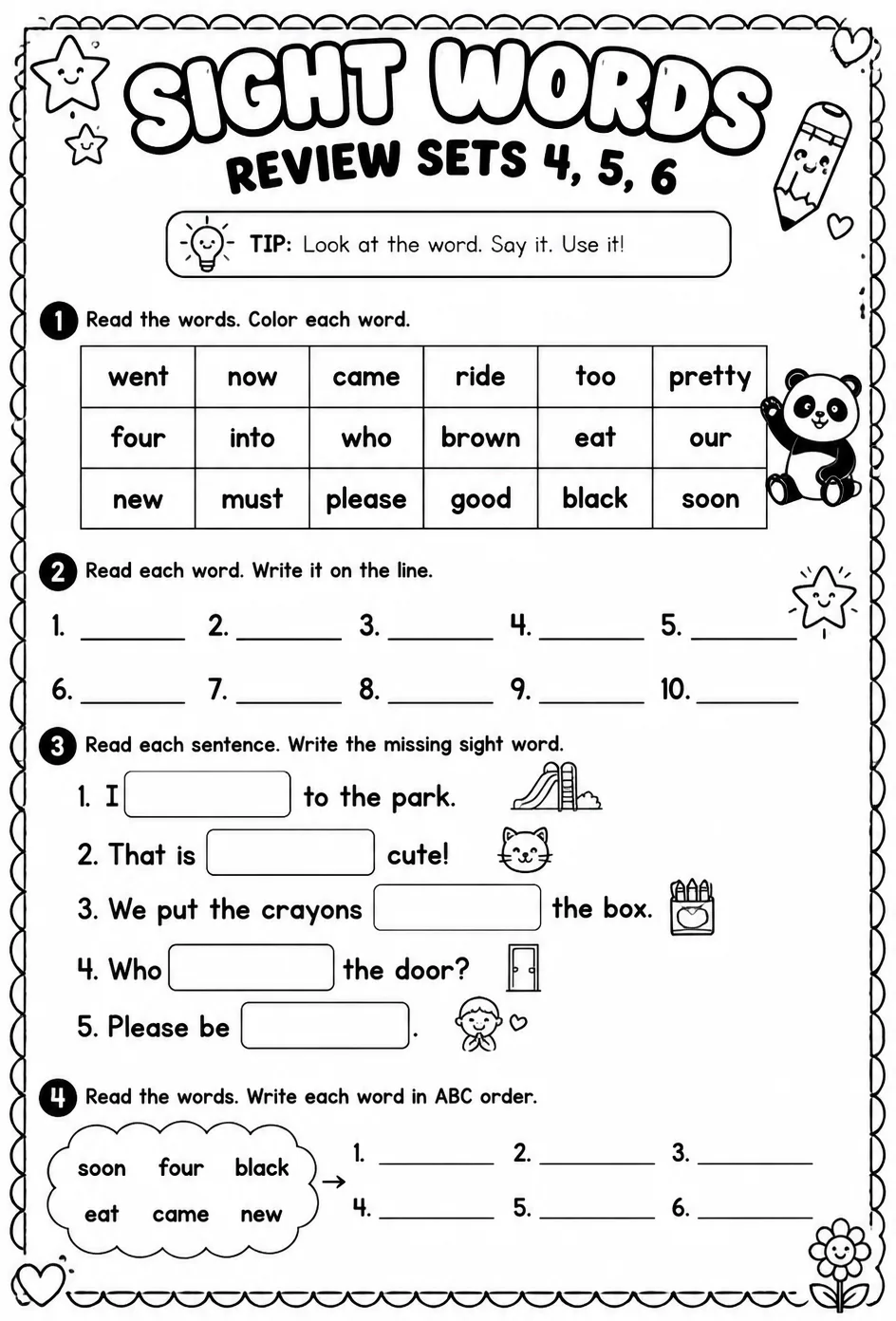 Read sight words: review sets 4, 5, 6 — free printable Pre-K English & Reading worksheet