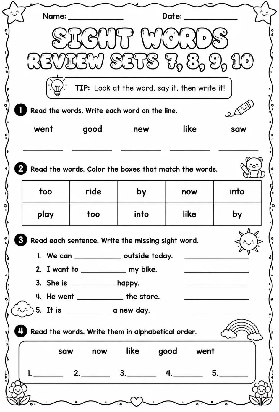 Read sight words: review sets 7, 8, 9, 10 — free printable Kindergarten English & Reading worksheet