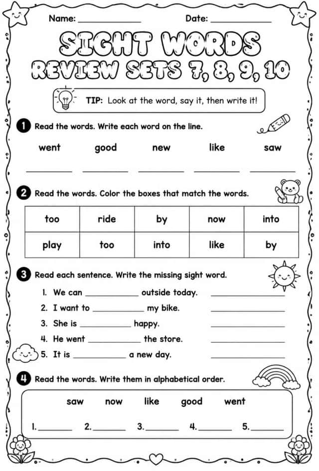 Read sight words: review sets 7, 8, 9, 10