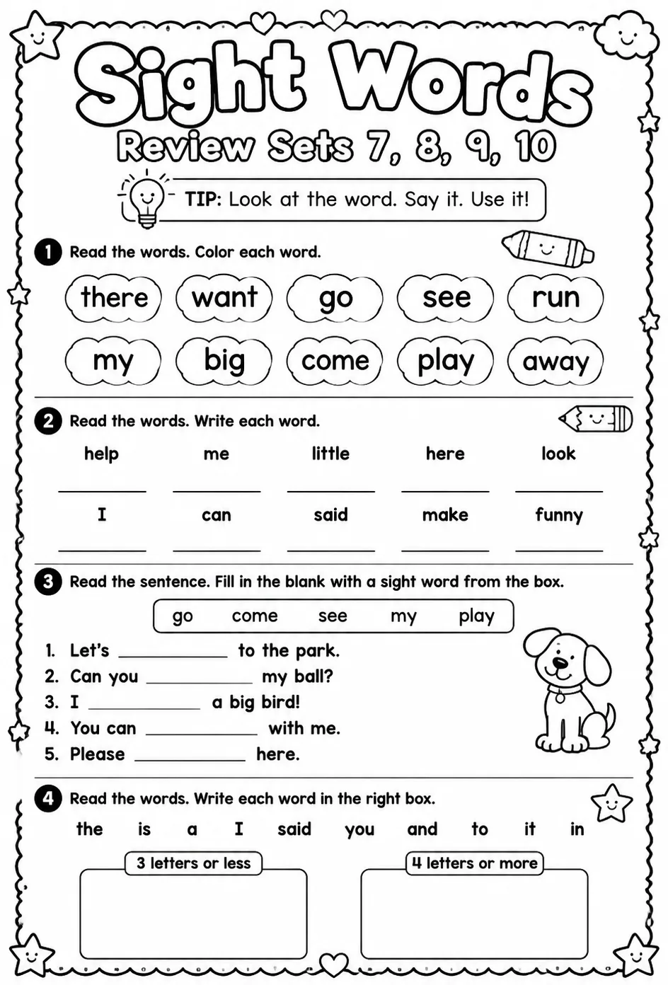 Read sight words: review sets 7, 8, 9, 10 — free printable Pre-K English & Reading worksheet