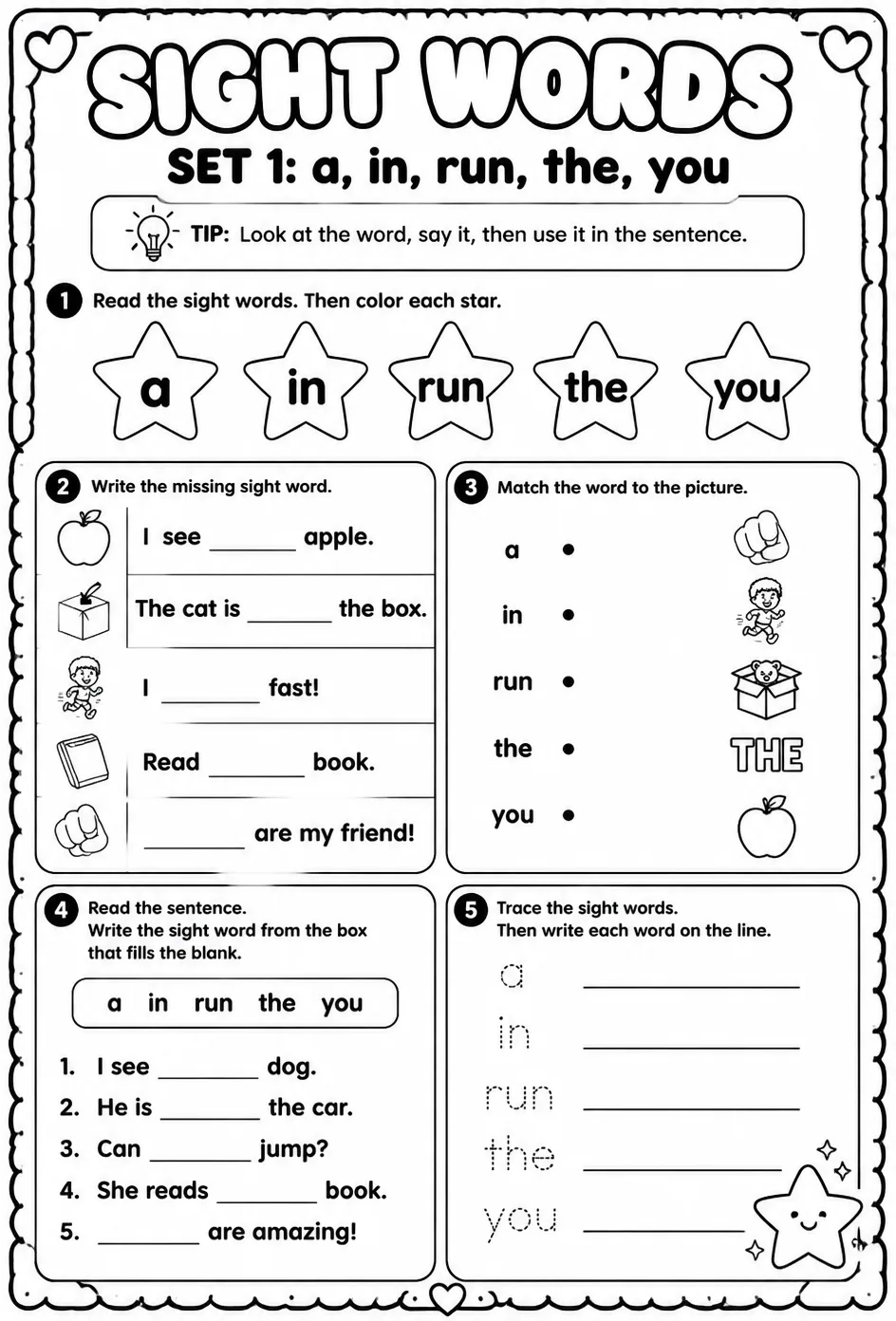 Read sight words set 1: a, in, run, the, you — free printable Pre-K English & Reading worksheet