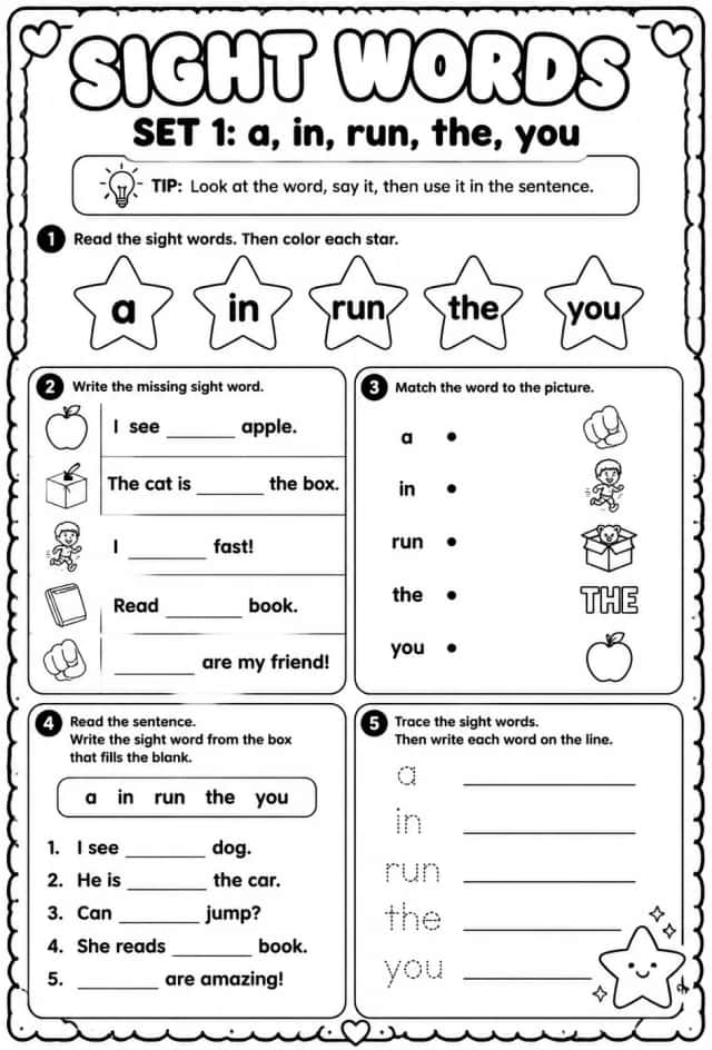Read sight words set 1: a, in, run, the, you