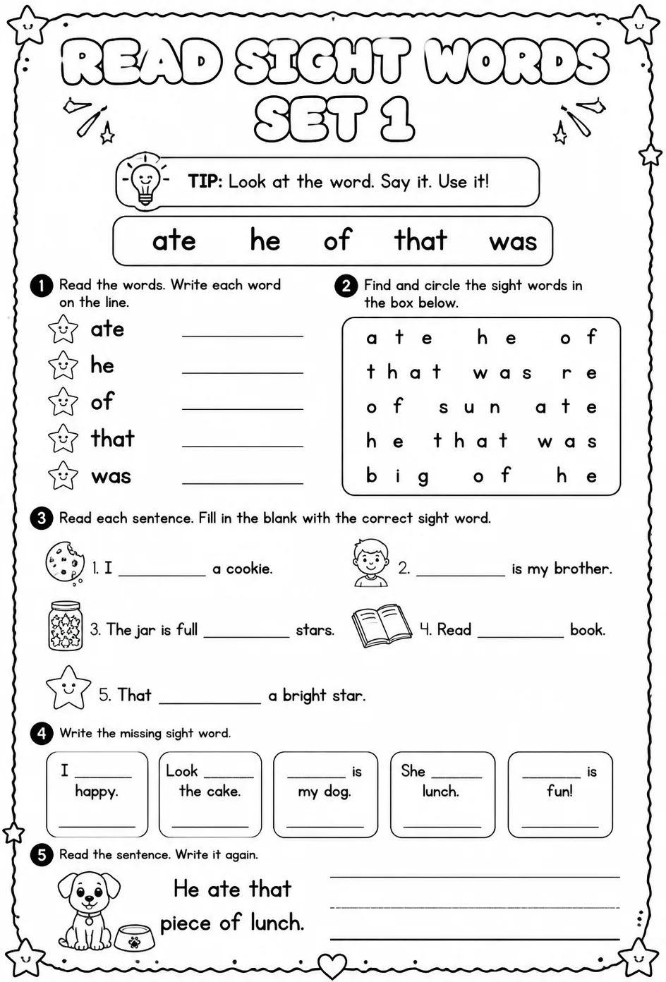 Read sight words set 1: ate, he, of, that, was — free printable Reading foundations English worksheet