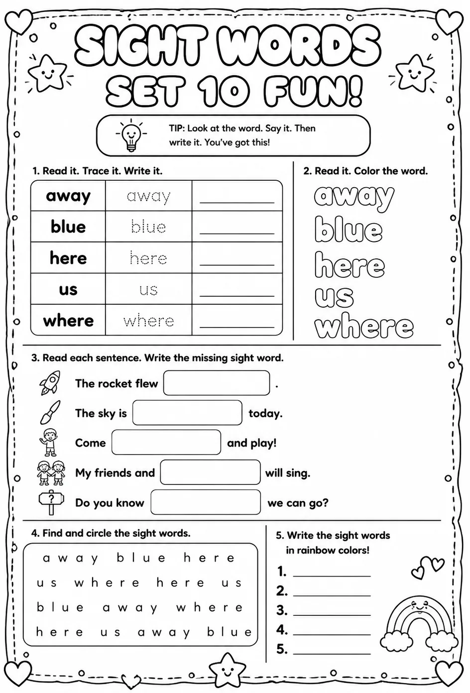 Read sight words set 10: away, blue, here, us, where — free printable Pre-K English & Reading worksheet