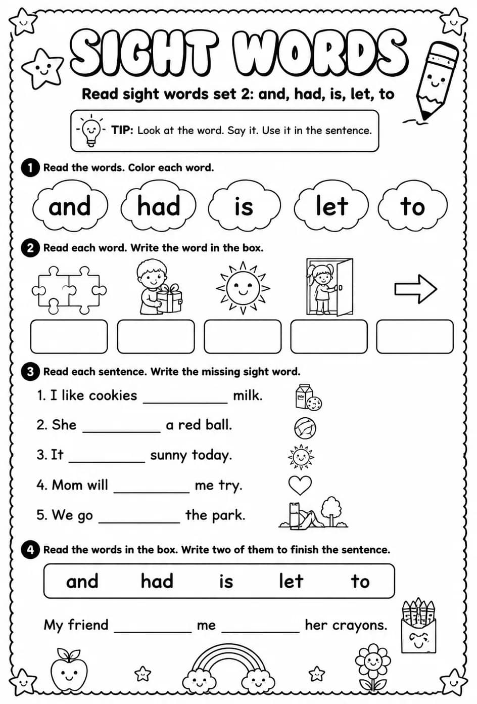 Read sight words set 2: and, had, is, let, to — free printable Pre-K English & Reading worksheet