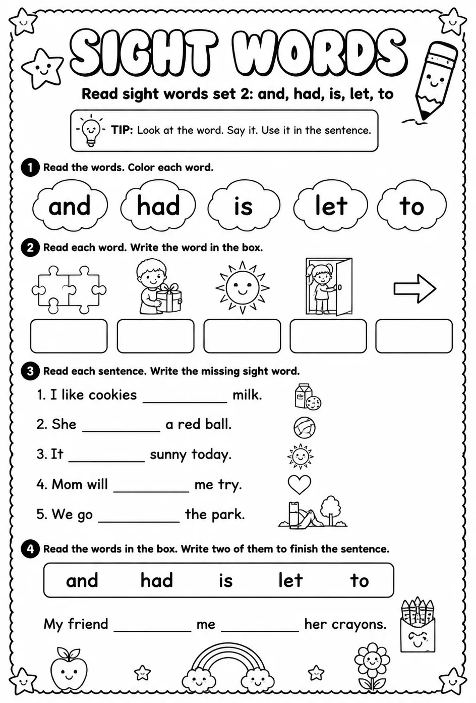 Read sight words set 2: and, had, is, let, to — free printable Pre-K English & Reading worksheet