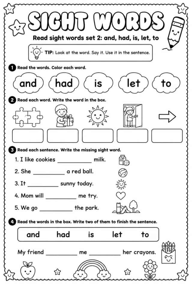Read sight words set 2: and, had, is, let, to