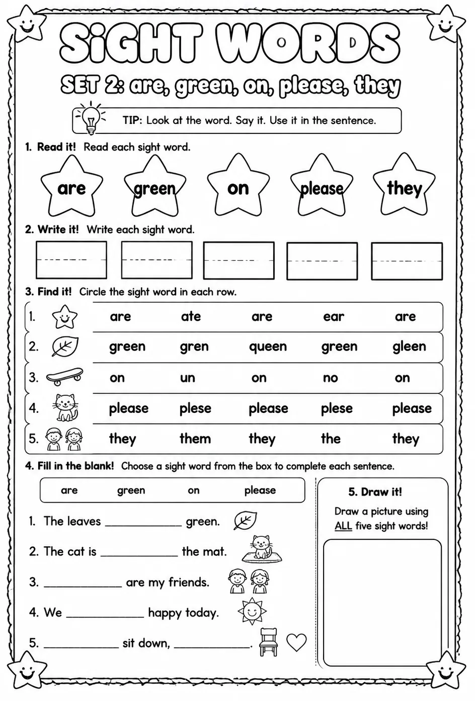 Read sight words set 2: are, green, on, please, they — free printable Reading foundations English worksheet