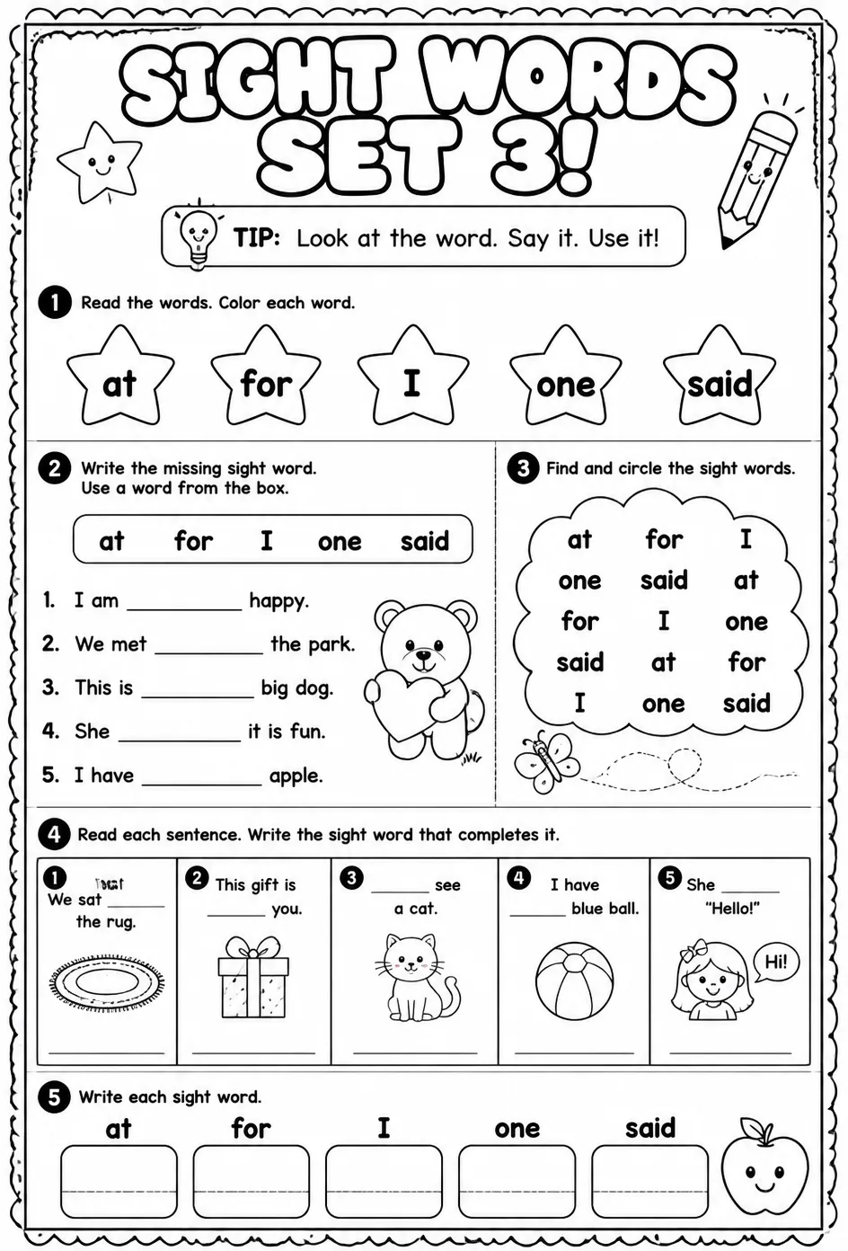 Read sight words set 3: at, for, I, one, said — free printable Pre-K English & Reading worksheet