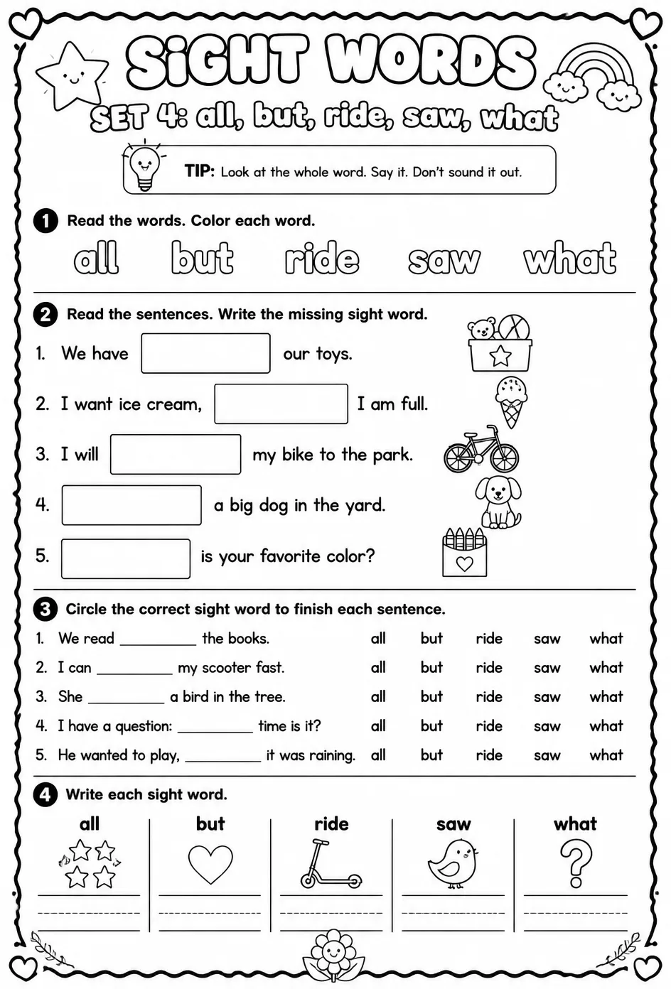 Read sight words set 4: all, but, ride, saw, what — free printable Reading foundations English worksheet