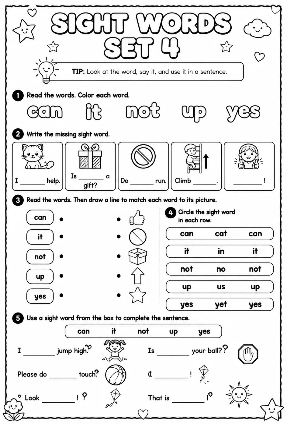 Read sight words set 4: can, it, not, up, yes — free printable Pre-K English & Reading worksheet