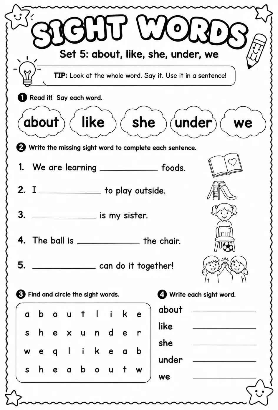 Read sight words set 5: about, like, she, under, we — free printable Kindergarten English & Reading worksheet