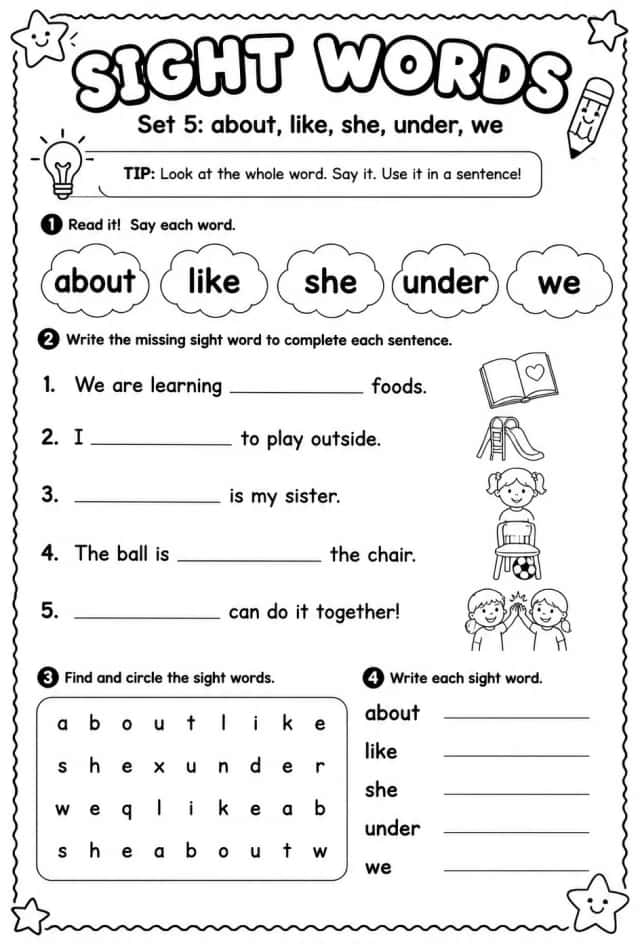 Read sight words set 5: about, like, she, under, we