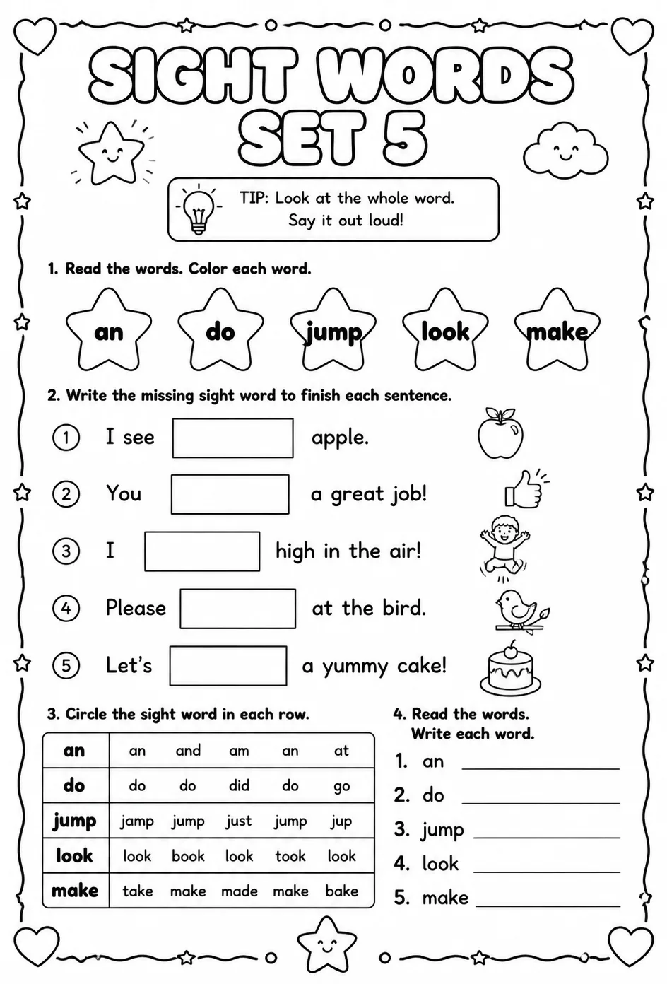 Read sight words set 5: an, do, jump, look, make — free printable Pre-K English & Reading worksheet