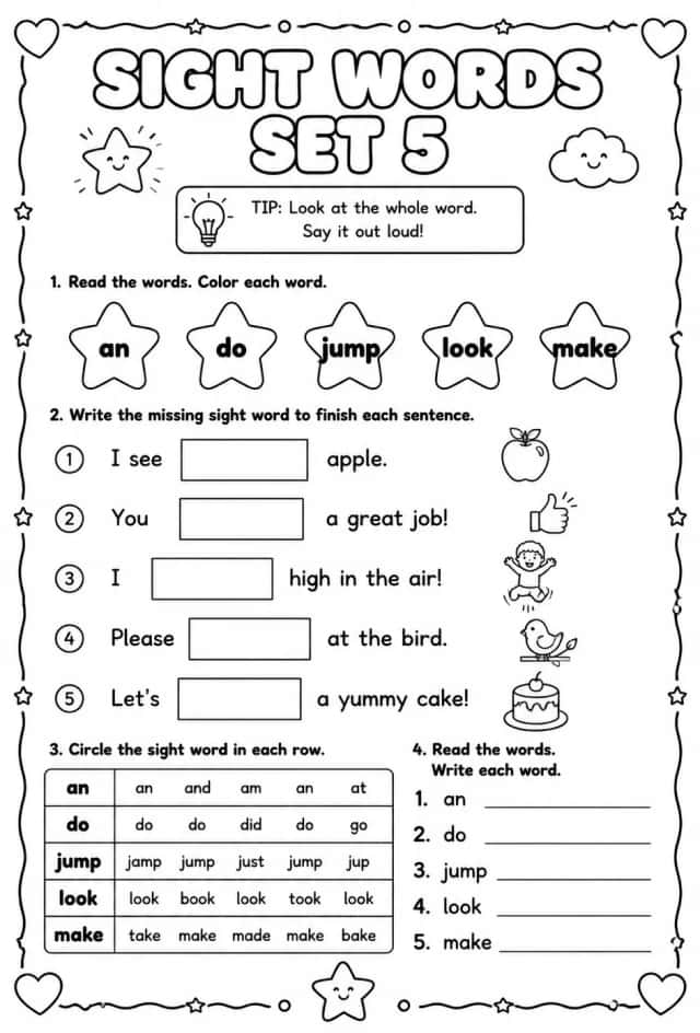 Read sight words set 5: an, do, jump, look, make