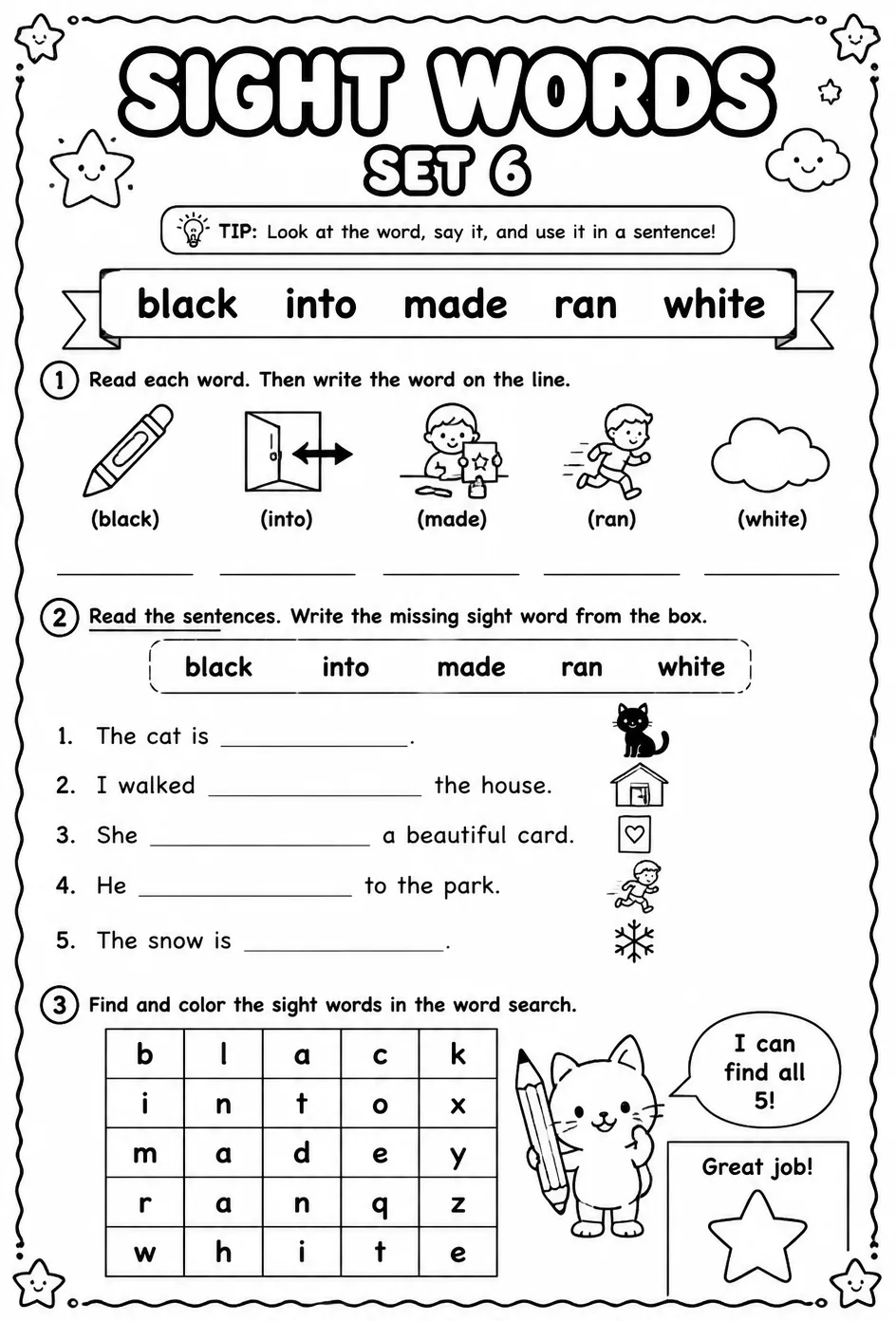 Read sight words set 6: black, into, made, ran, white — free printable Reading foundations English worksheet