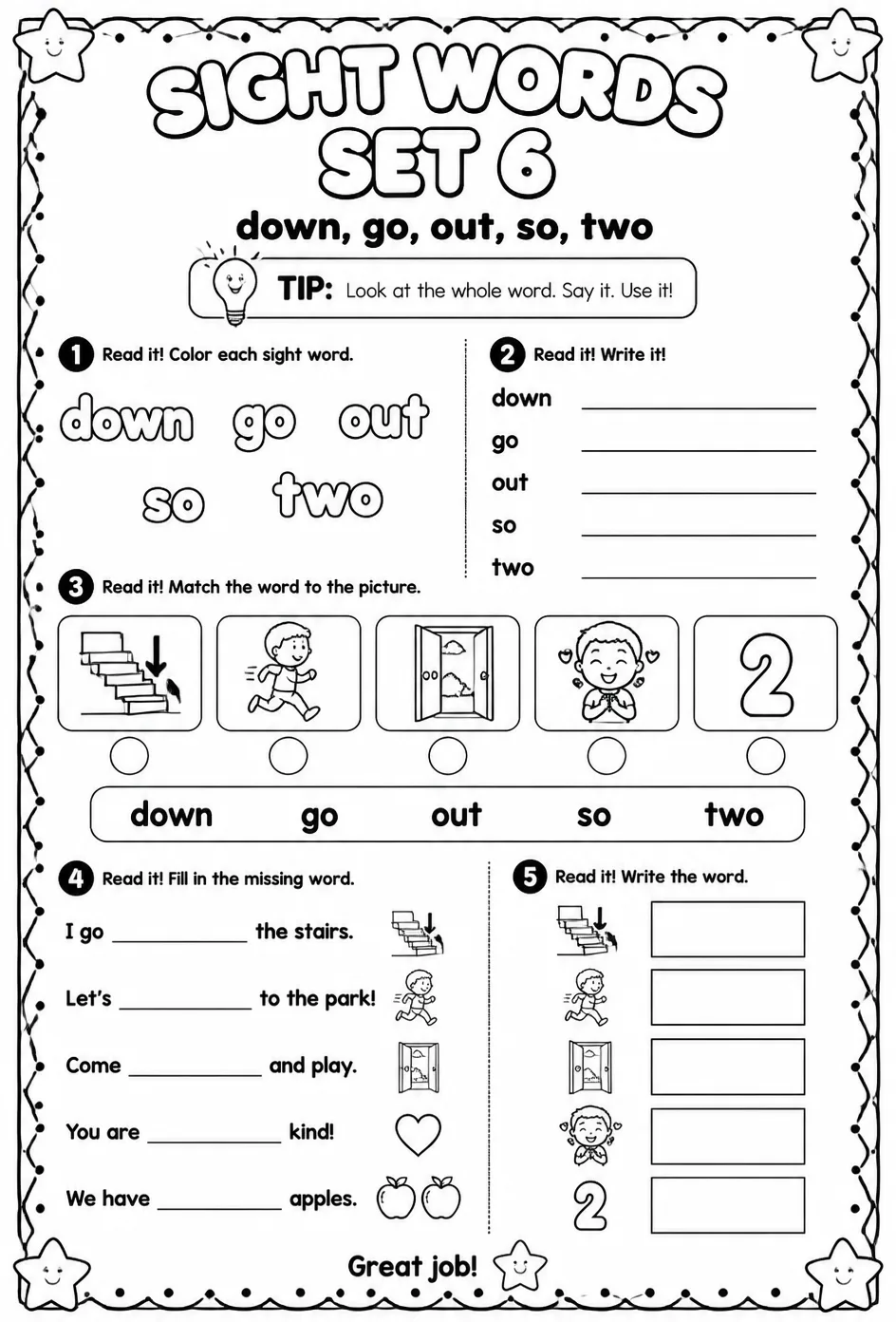 Read sight words set 6: down, go, out, so, two — free printable Pre-K English & Reading worksheet