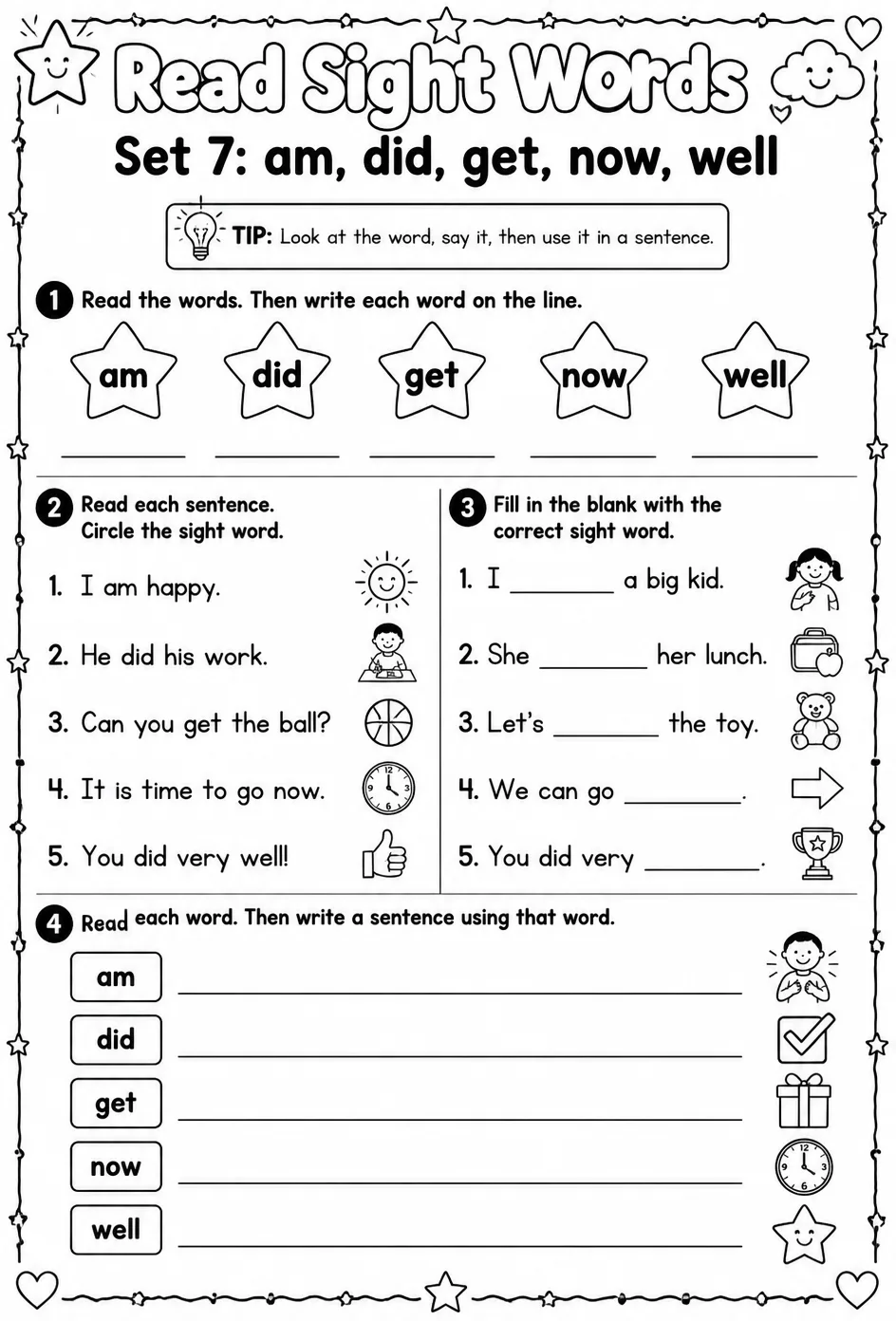 Read sight words set 7: am, did, get, now, well — free printable Reading foundations English worksheet