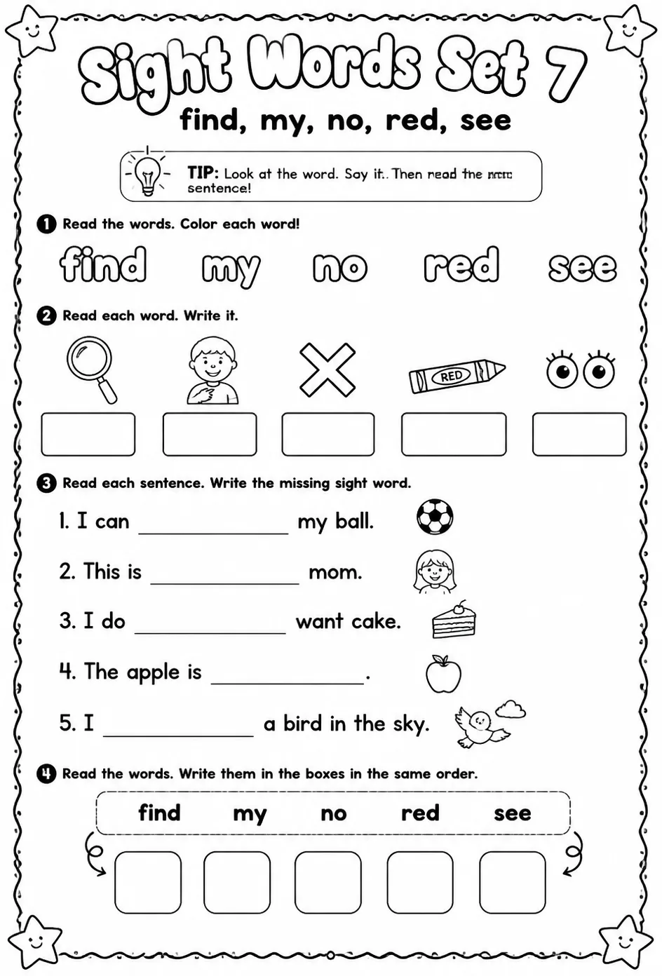 Read sight words set 7: find, my, no, red, see — free printable Pre-K English & Reading worksheet