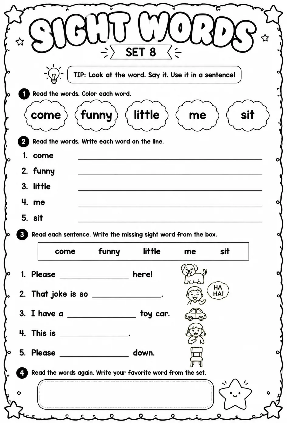 Read sight words set 8: come, funny, little, me, sit — free printable Pre-K English & Reading worksheet