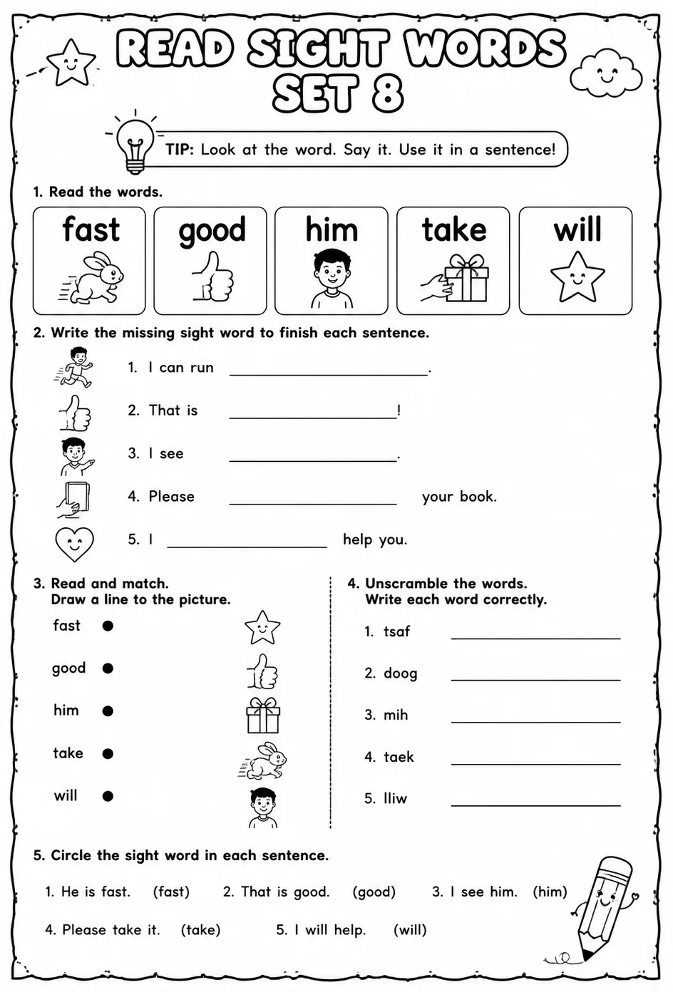 Read sight words set 8: fast, good, him, take, will — free printable Reading foundations English worksheet