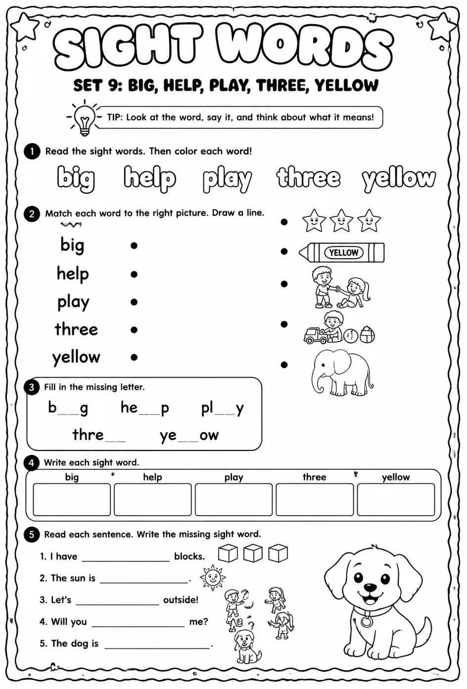 Read sight words set 9: big, help, play, three, yellow — free printable Pre-K English & Reading worksheet