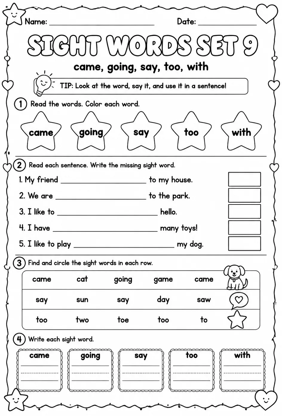 Read sight words set 9: came, going, say, too, with — free printable Reading foundations English worksheet