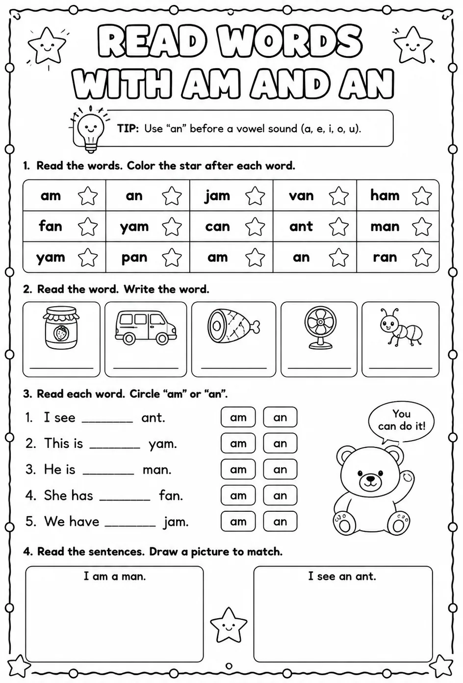 Read words with am and an — free printable Reading foundations English worksheet