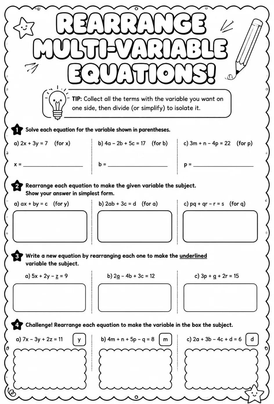 Rearrange multi-variable equations — free printable Algebra 1 math worksheet