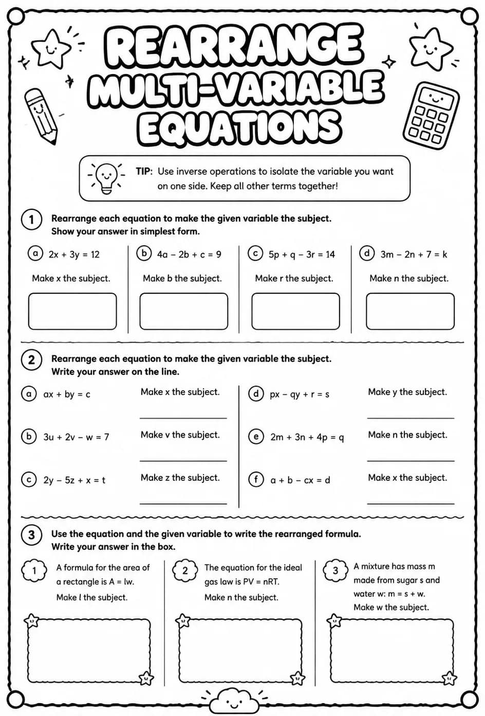 Rearrange multi-variable equations — free printable Algebra 2 math worksheet